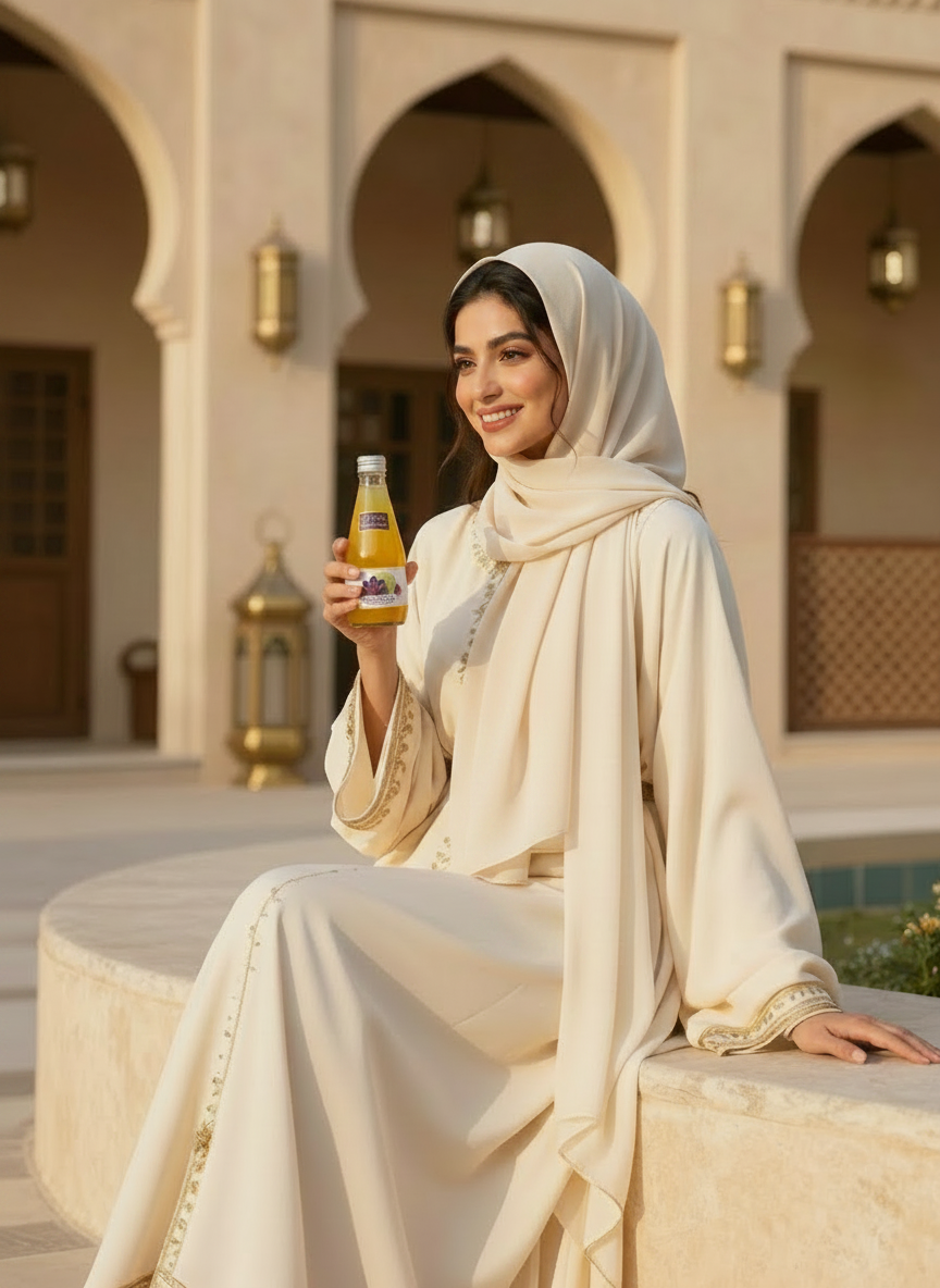 A woman in a cream scarf holding a ZAFRANIK saffron lemon bottle in a sunlit Dubai courtyard