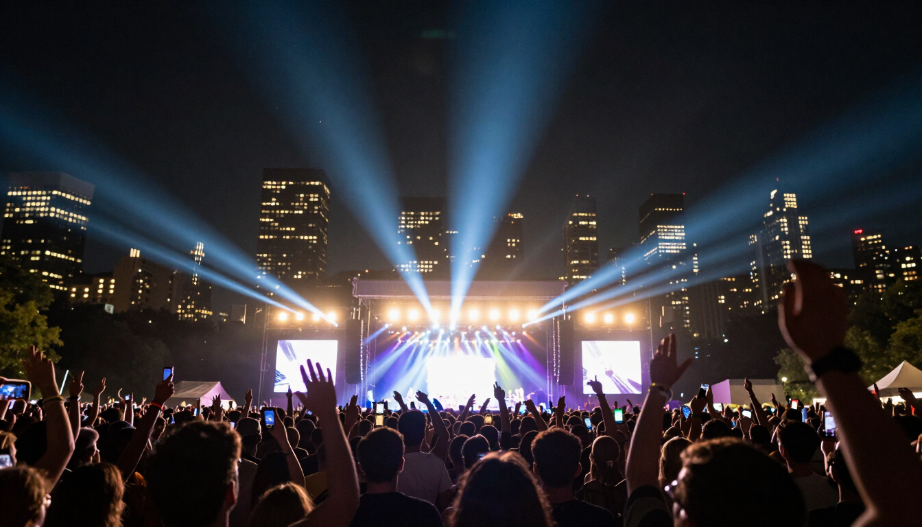 Crowd at an outdoor concert with a city skyline lit up at night in the background