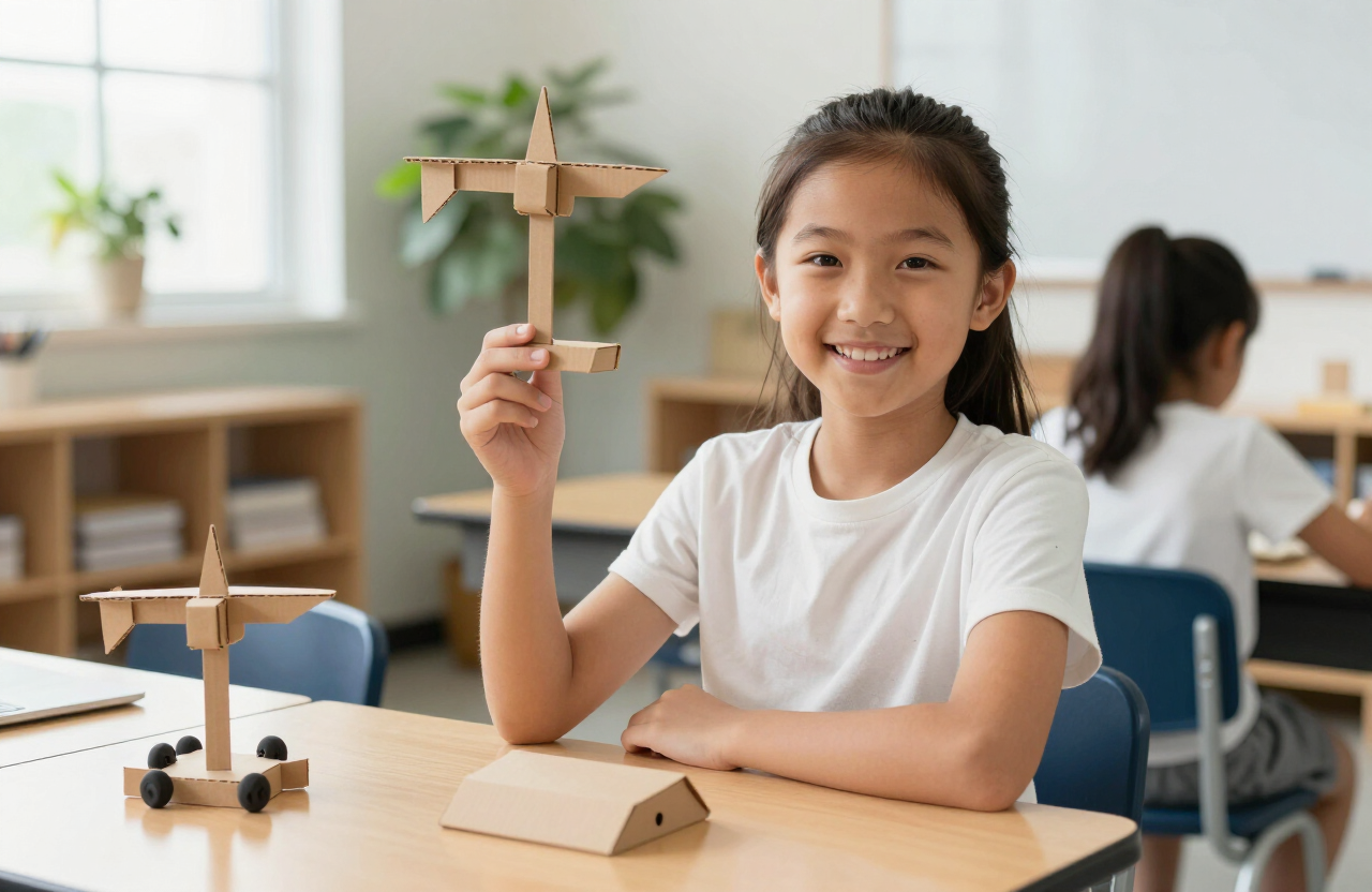 A girl proudly holding up a crane model she built from craft sticks
