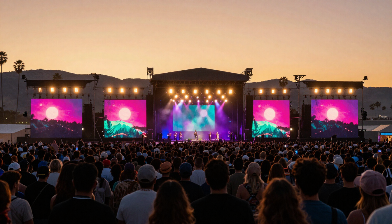Outdoor music festival crowd at sunset with colorful stage lights in the background