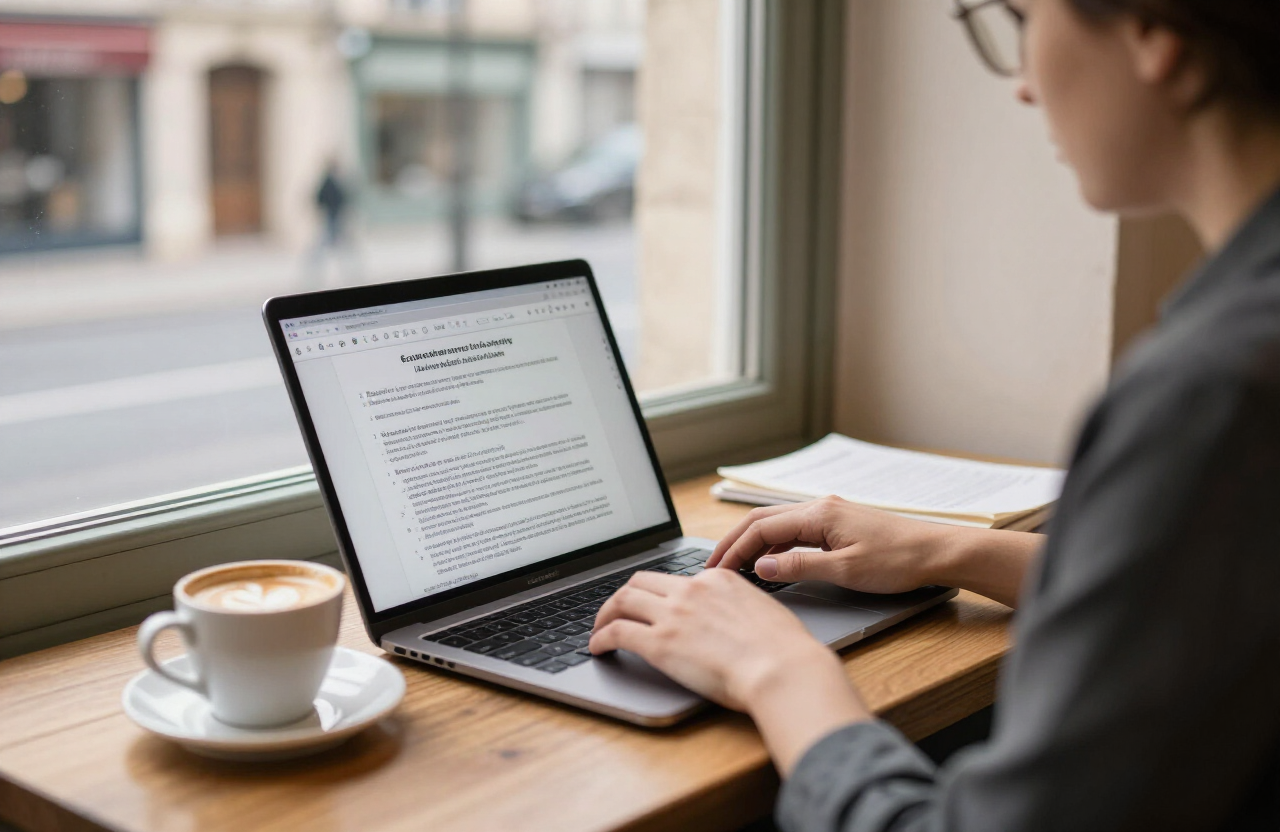 An independent professional reviewing French administrative documents on a laptop at a desk near a window overlooking a Bordeaux street