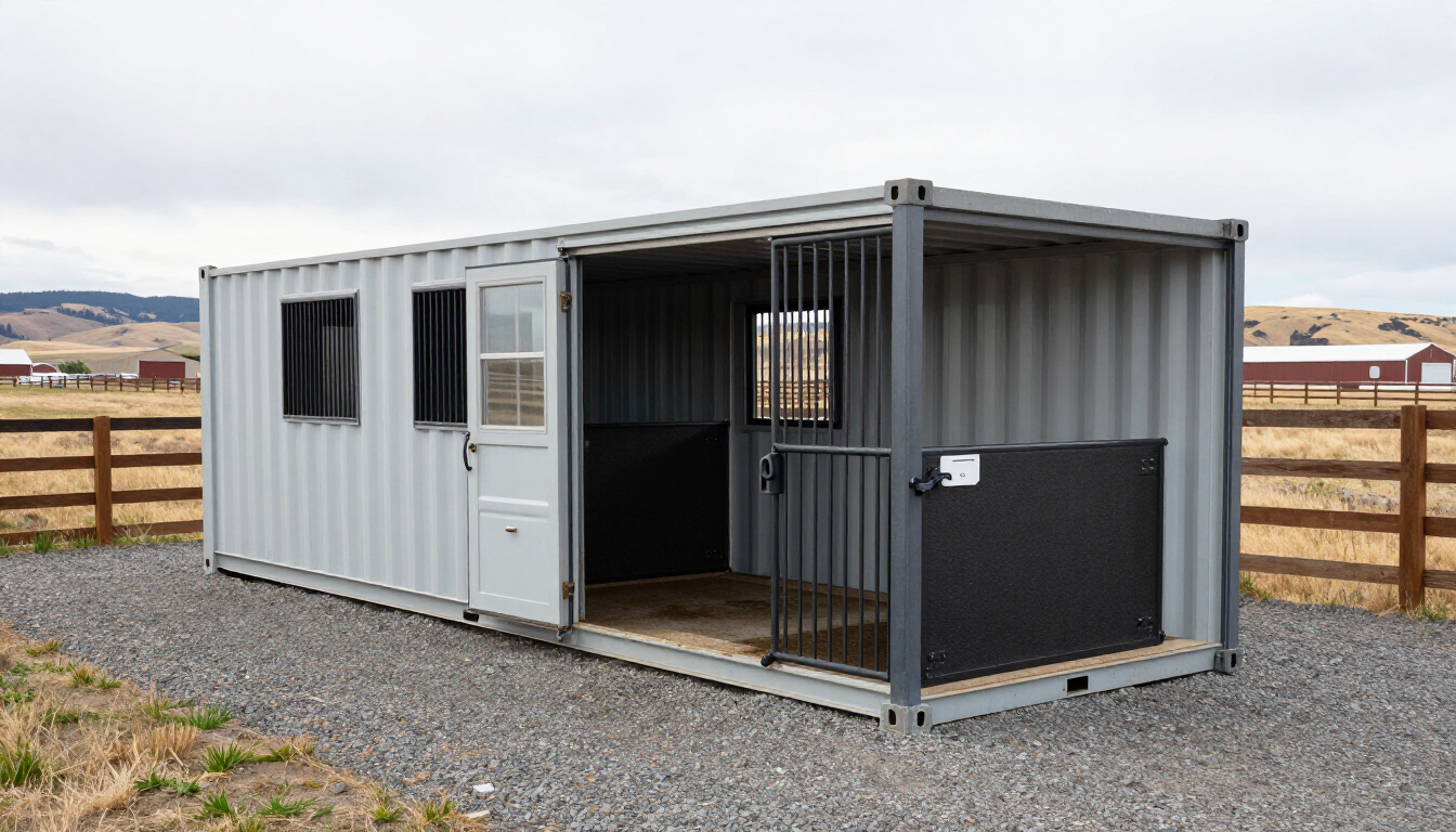 Saddle & Steel Wash Bay Dual — empty full 20-foot container with two side-by-side stalls and one large interior wash area at the door end, situated on ranch property, 7 foot 8 inch depth