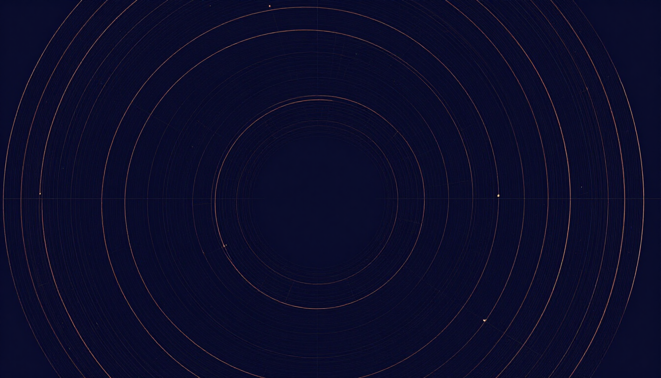 Abstract composition of copper lines and concentric arcs on a deep navy background
