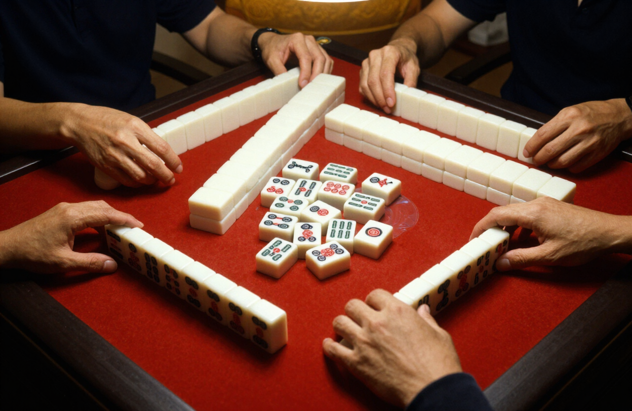 Traditional mahjong game in progress on red felt in a Hong Kong tea house