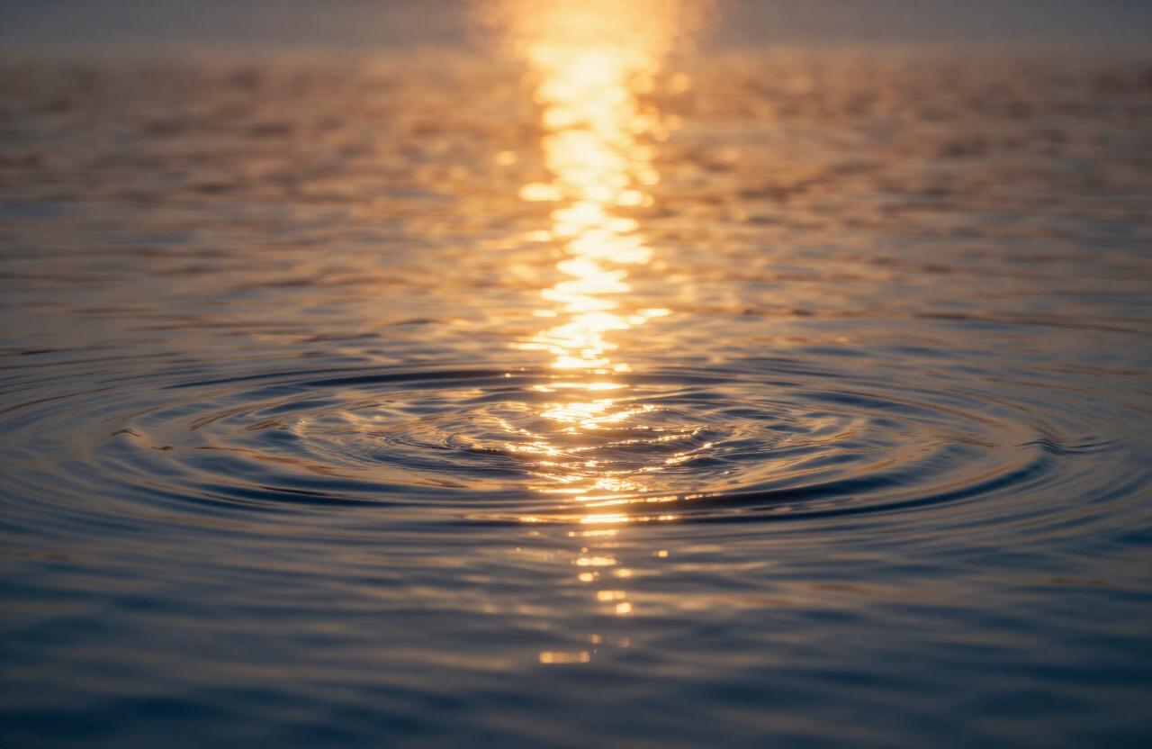 Luz dorada suave y ondas gentiles en el agua, simbolizando el flujo universal de la energía vital de Reiki