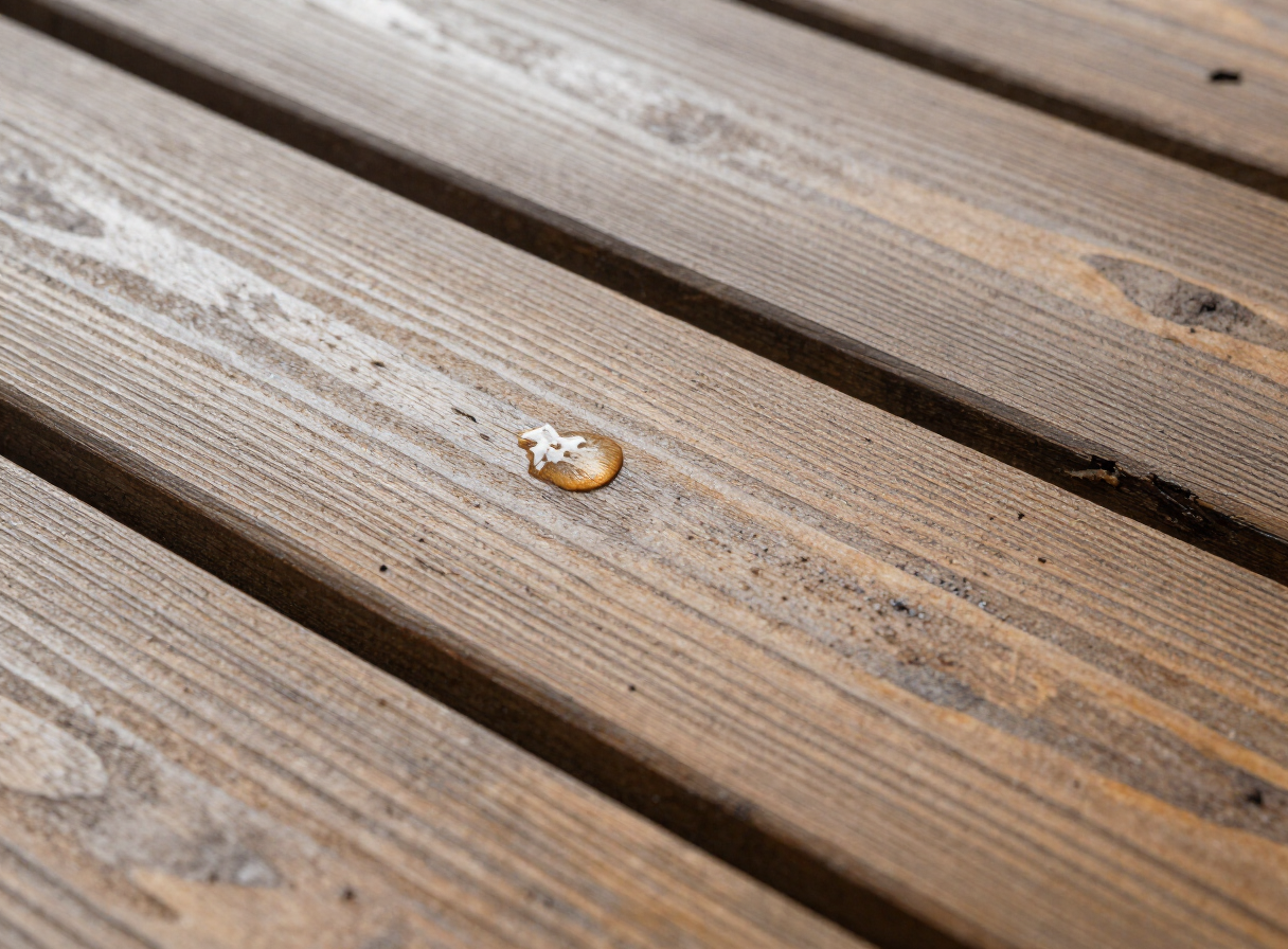 Close-up of wooden boards showing the effects of weather — a raindrop on cedar wood grain, with a slightly warped board and checking cracks visible