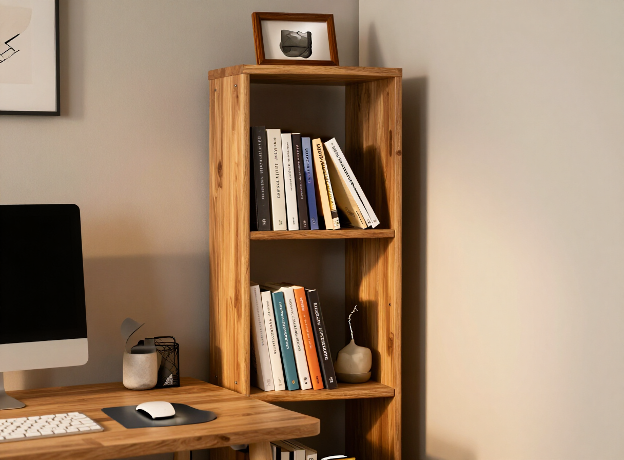 A compact custom-built narrow wooden bookshelf fitting into a tight corner beside a desk in a small home office, filled with books and a few decorative objects