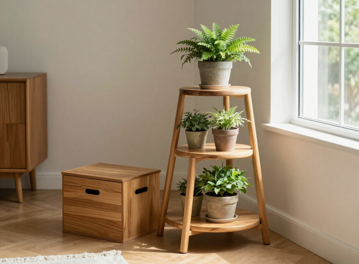 A tiered wooden plant stand holding potted green plants next to a small lidded wooden storage box in a bright apartment corner near a window
