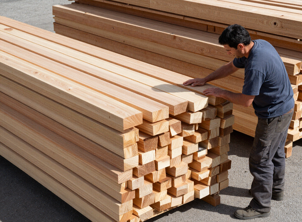 A lumberyard display of outdoor woodworking lumber — cedar boards and pressure-treated pine stacked neatly, with a woodworker inspecting the grain