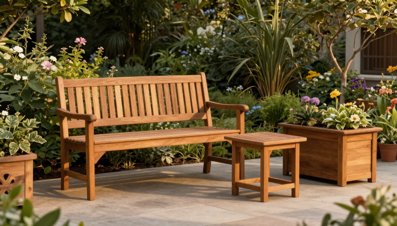 A finished set of outdoor wooden furniture — a garden bench, side table, and planters — arranged on a patio at golden hour, warm sunlight, lush garden background