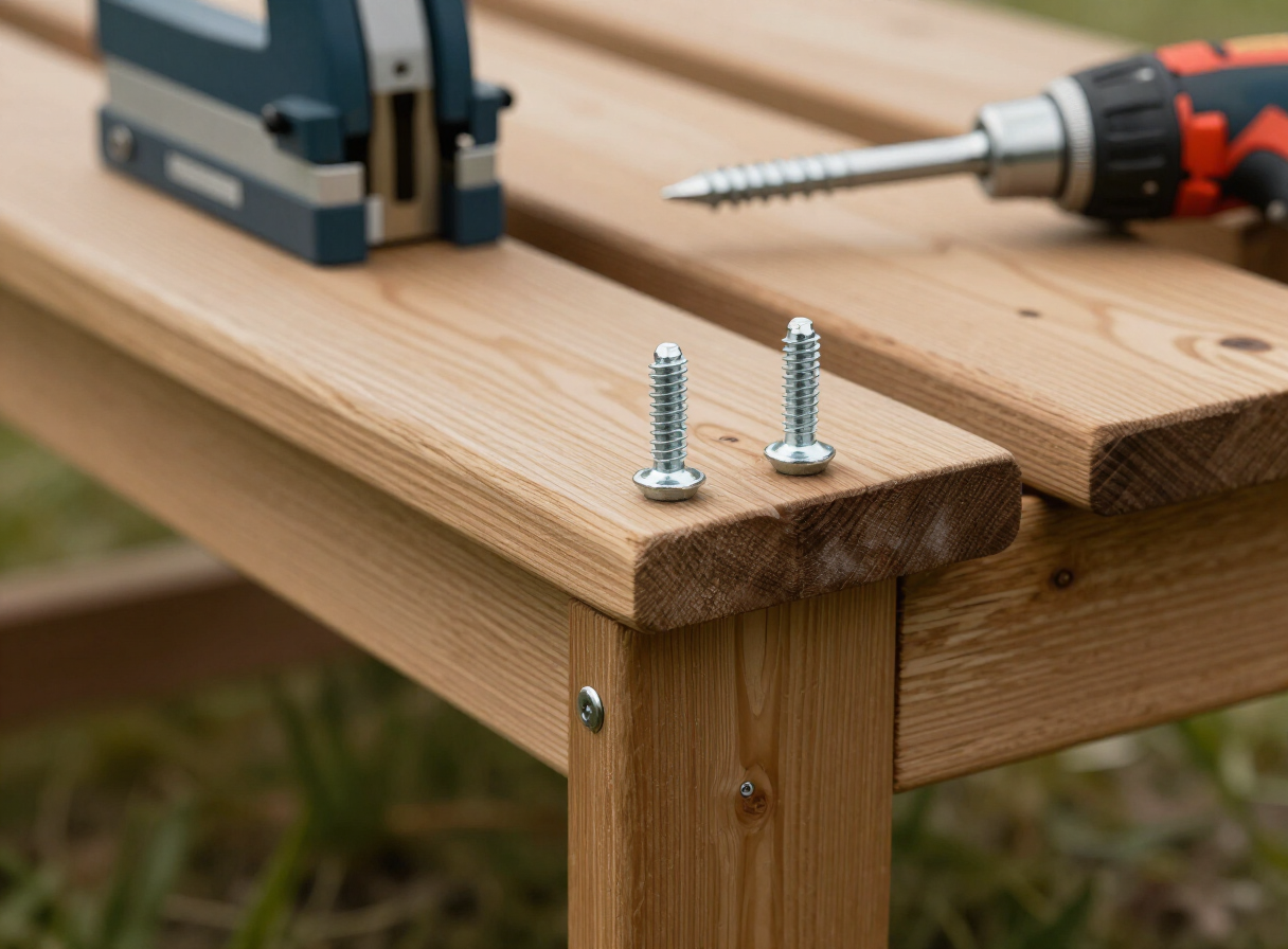 Close-up of outdoor furniture joinery — stainless steel screws and bolts holding together a wooden garden bench frame, with a pocket hole jig and driver nearby