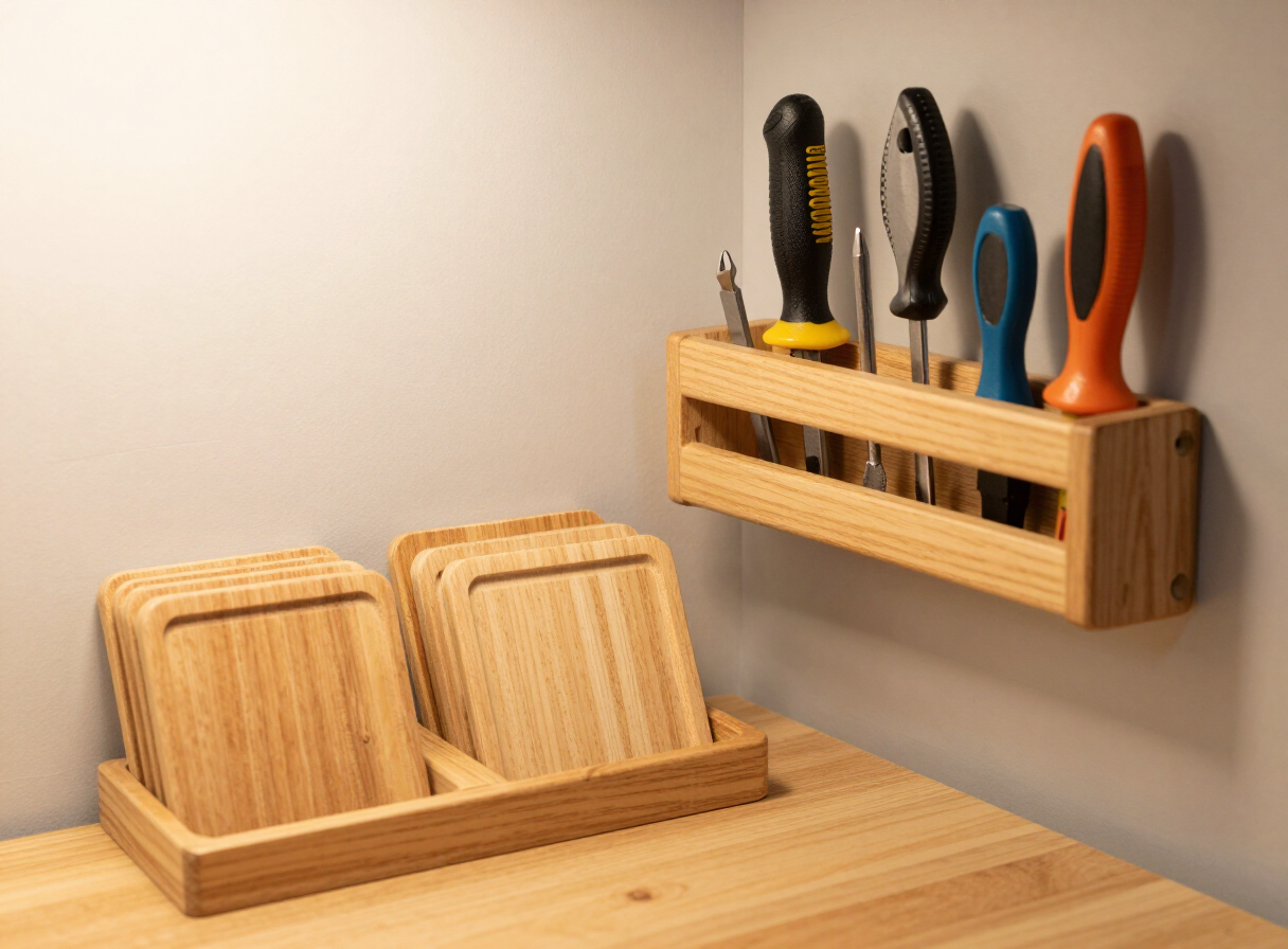 A set of square wooden coasters in a holder and a wall-mounted wooden tool rack holding hand tools in a compact home workshop corner