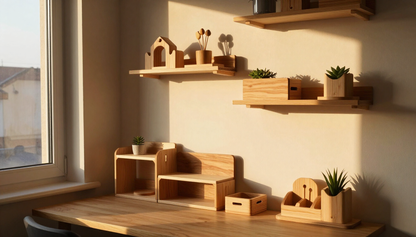 A cozy small home interior at golden hour with several handmade small woodworking projects — floating shelves, a desk organizer, a plant stand, and a cable organizer — arranged neatly on a desk and wall