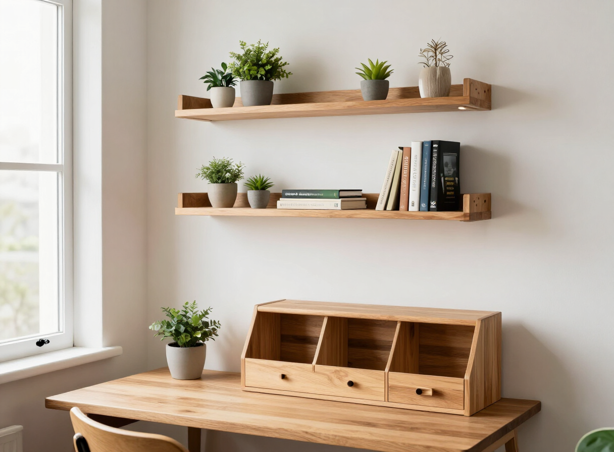 Handmade floating wall shelves holding small potted plants and books beside a wooden desk organizer with compartments on a desk in a small apartment