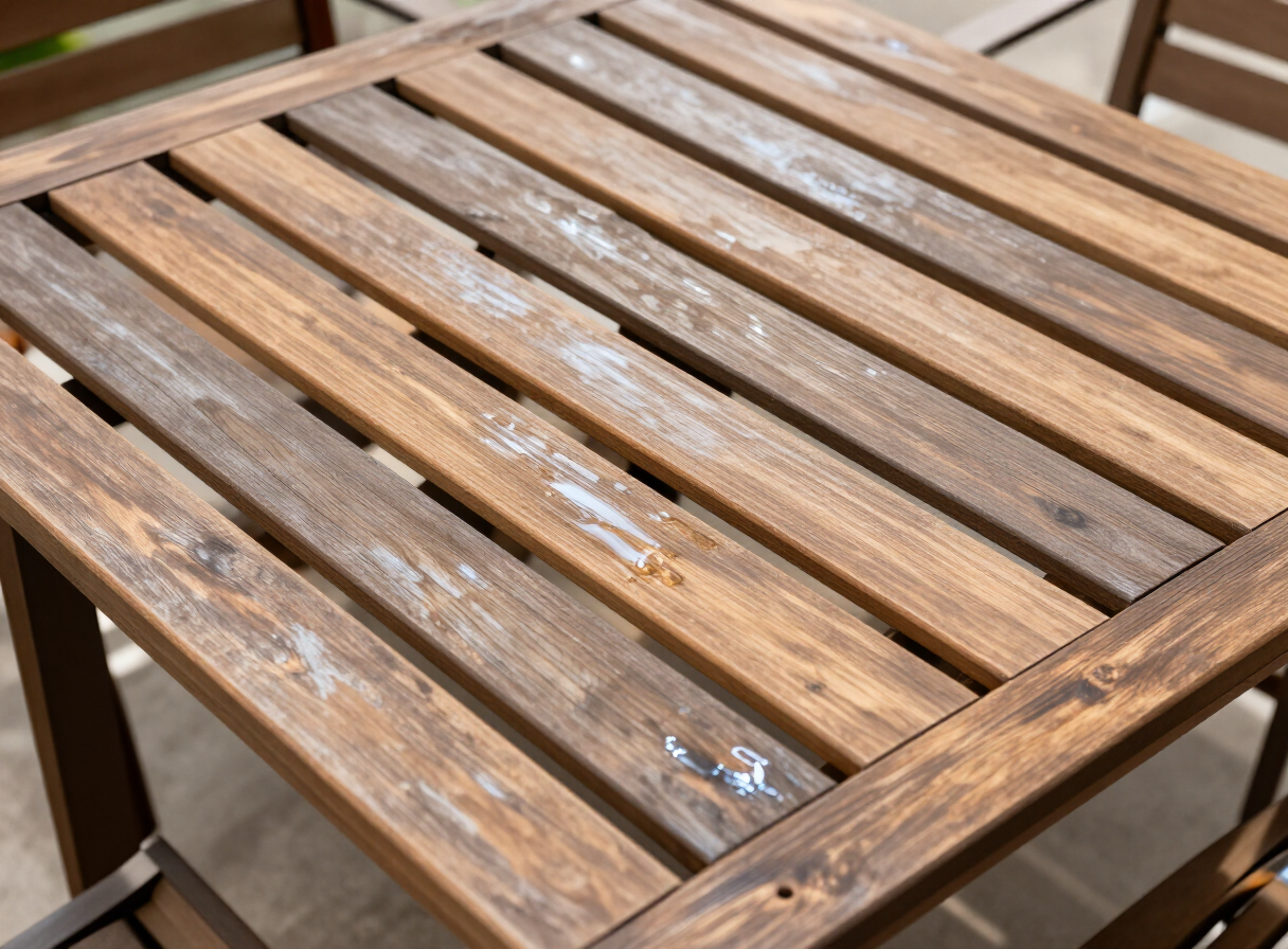 Overhead view of a slatted wooden tabletop designed for drainage, with gaps between boards allowing water to pass through, on an outdoor patio table