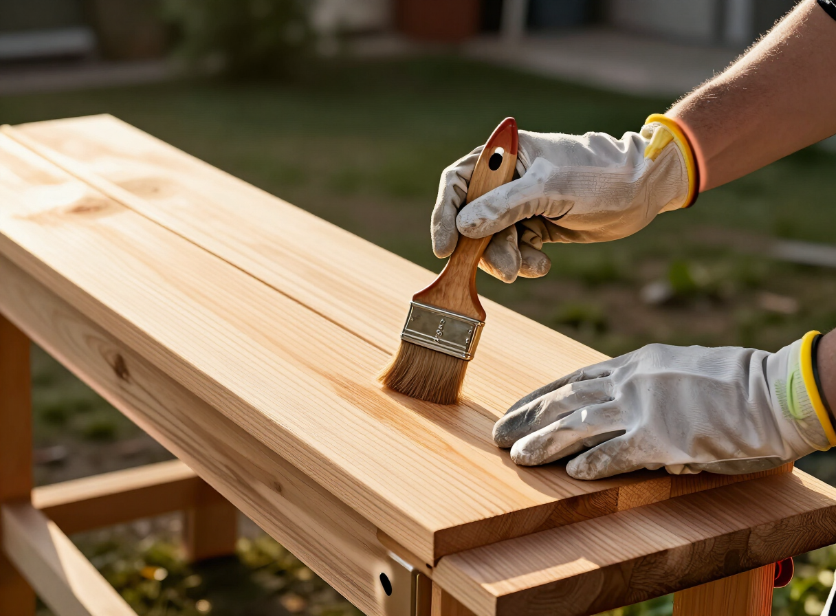 A woodworker applying exterior wood stain with a brush to a handmade outdoor wooden bench in a backyard, wearing gloves, golden hour light