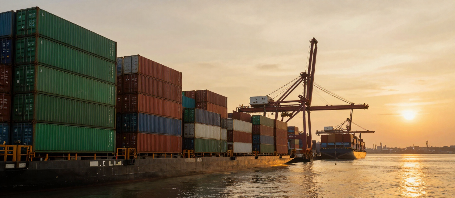 Container port in Vietnam at golden hour