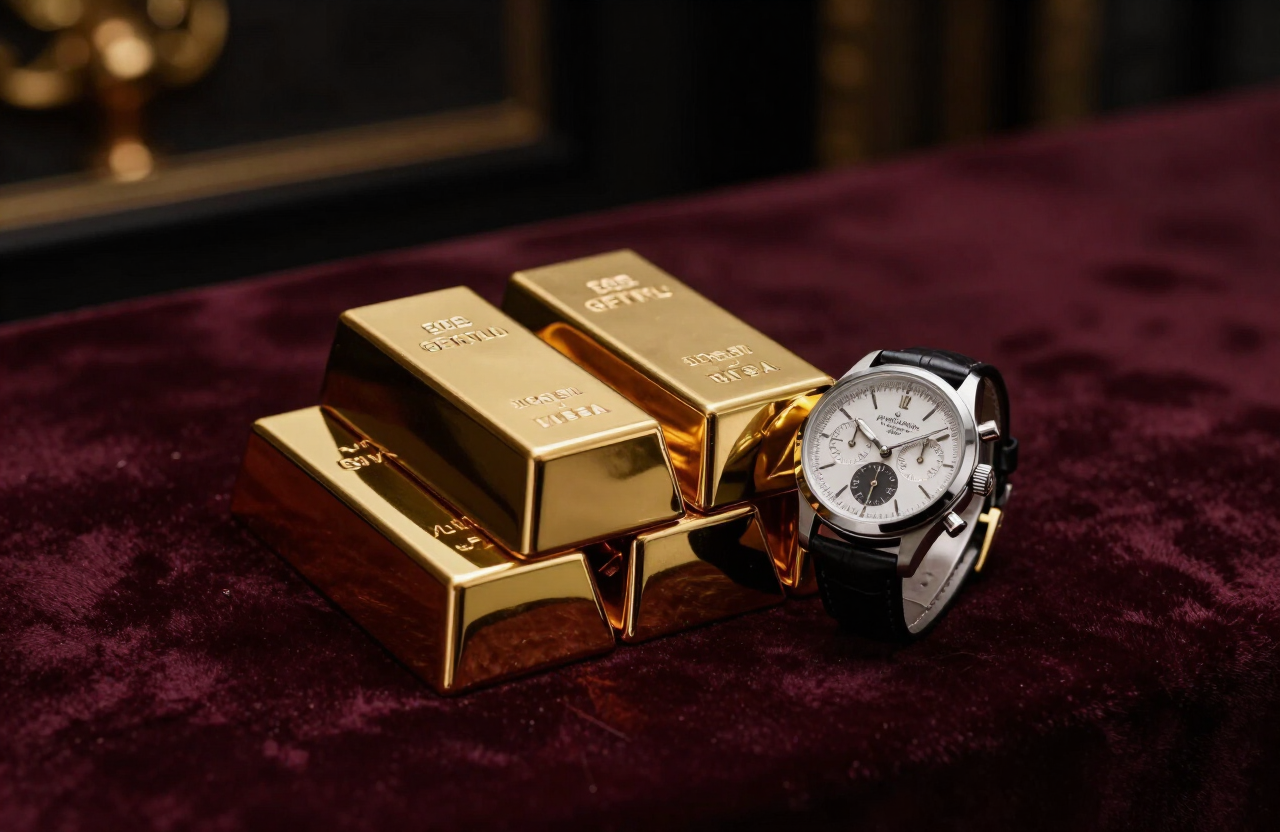 Investment-grade gold bars and a Swiss chronograph on dark velvet