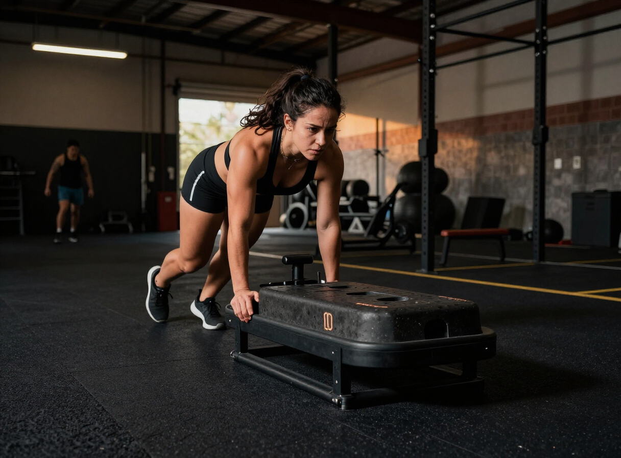 Athlete driving a weighted sled across the conditioning turf