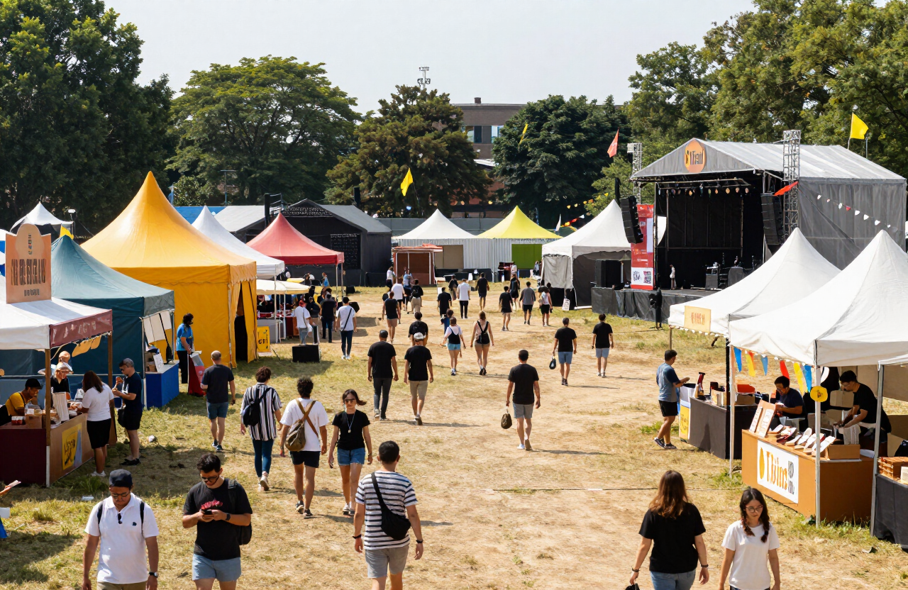Festivalgoers walking between colorful tents, string flags, and food vendor booths on a sunny afternoon