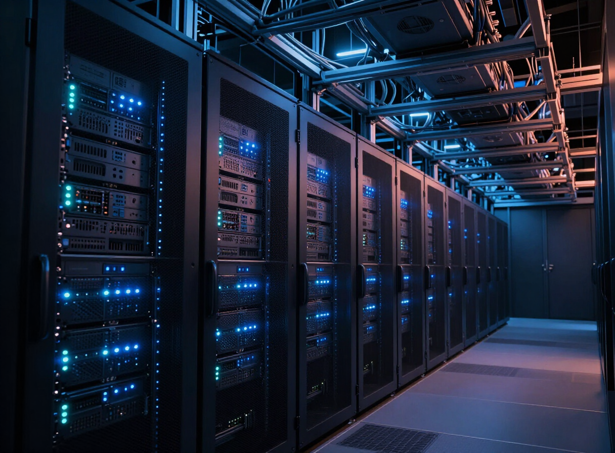 Hyperscale AI data center interior with long rows of server racks and overhead cable trays