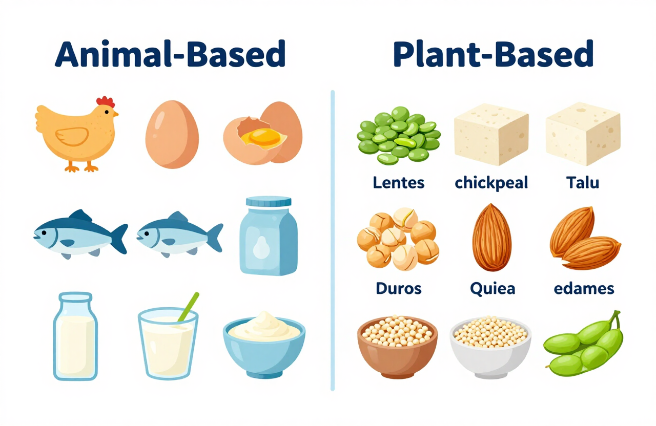 Diagram comparing animal-based and plant-based protein sources side by side