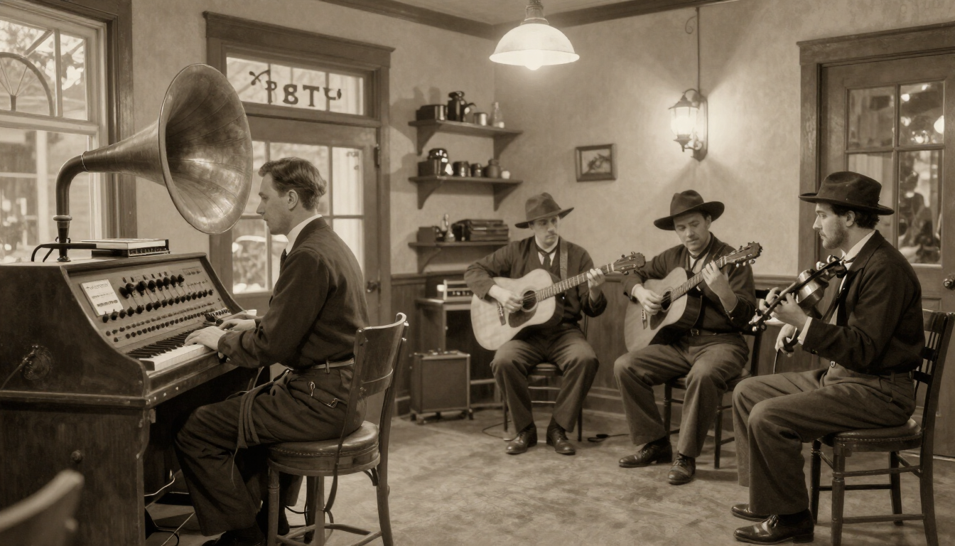 Illustrative vintage-style scene of a 1927 portable recording session in Bristol, Tennessee-Virginia, with mountain musicians and a recording engineer