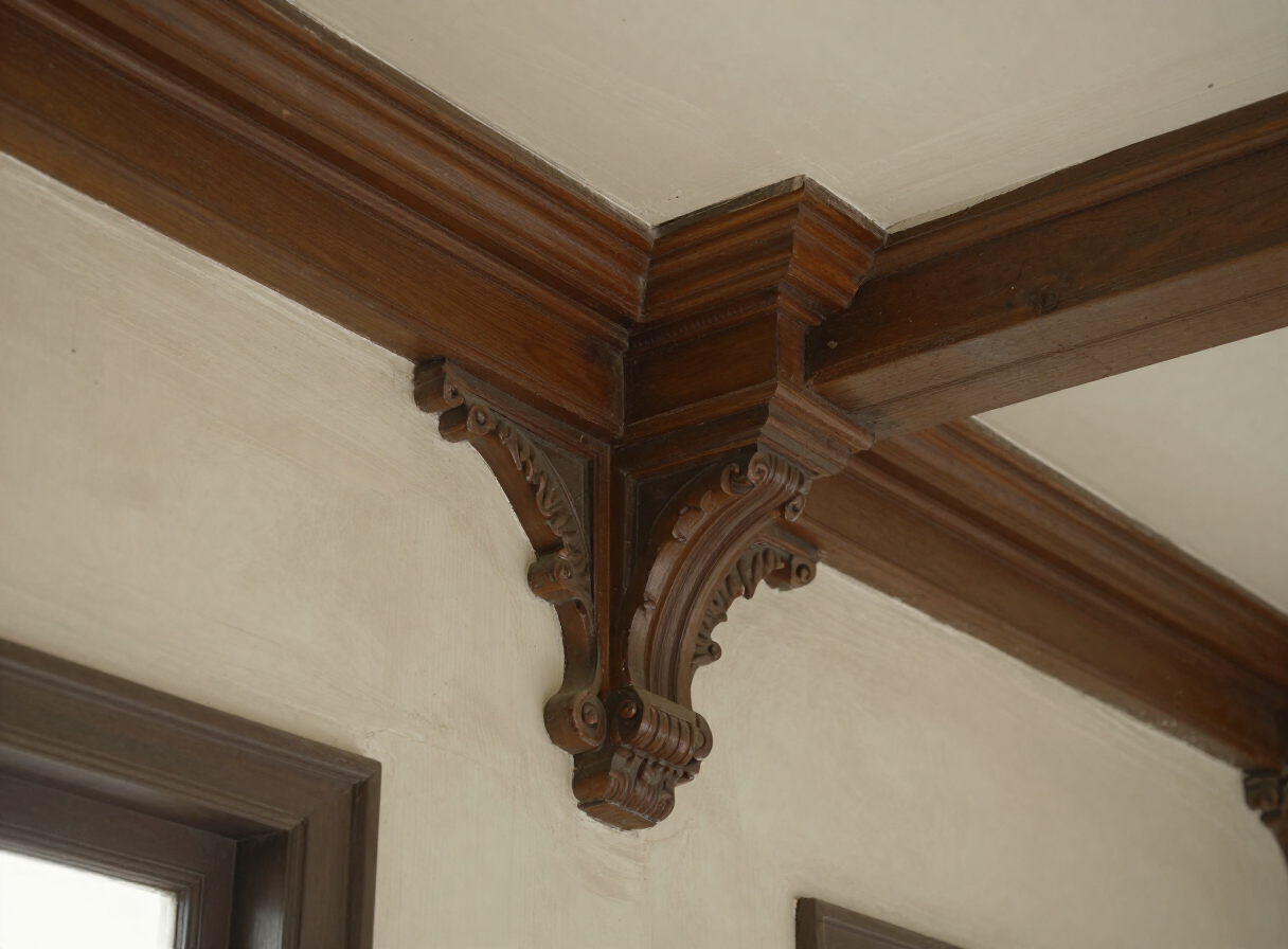 Original ornate wood trim and plaster wall in a historic Leonia NJ home