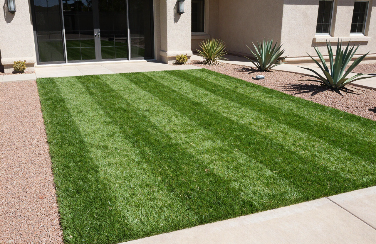 Freshly installed striped artificial lawn in front of a Mediterranean-style home