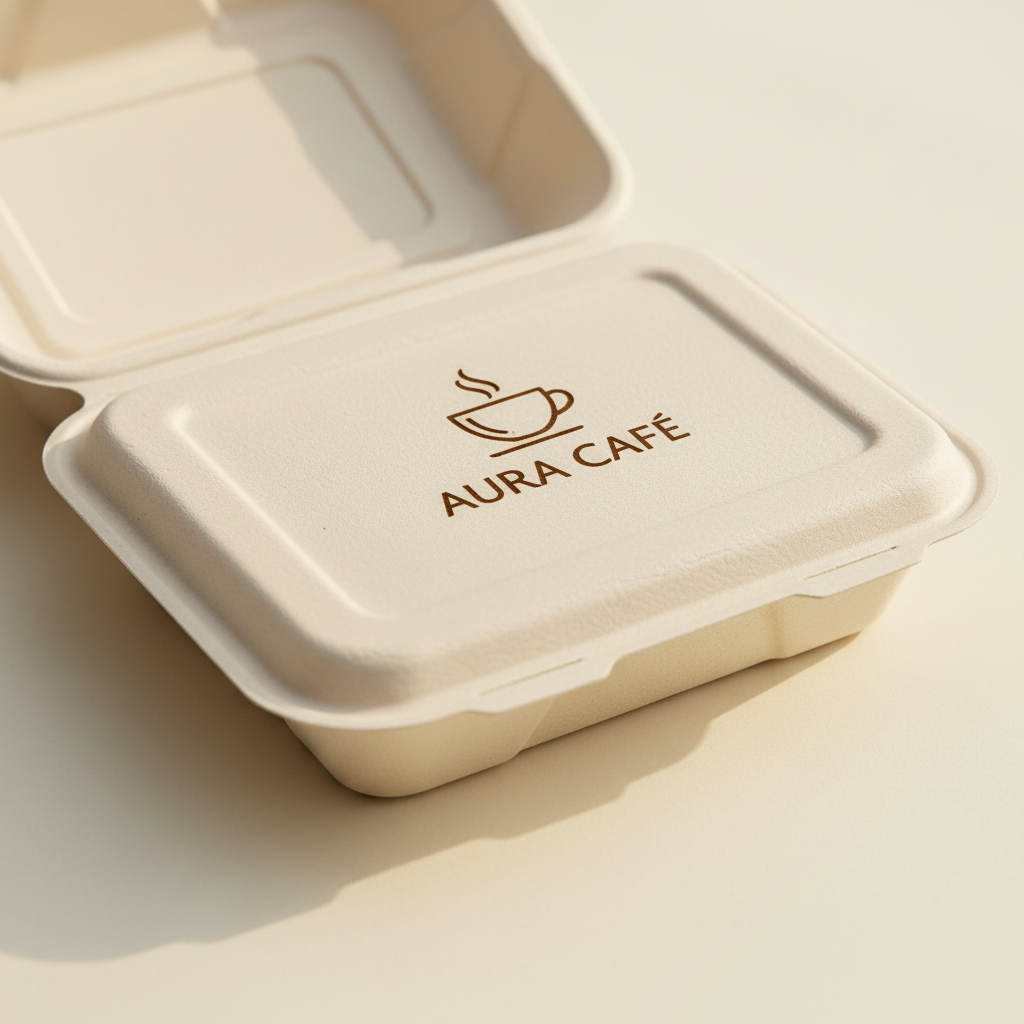 Contoh laser engraving logo wordmark pada tutup bagasse — hasil halus dan presisi
