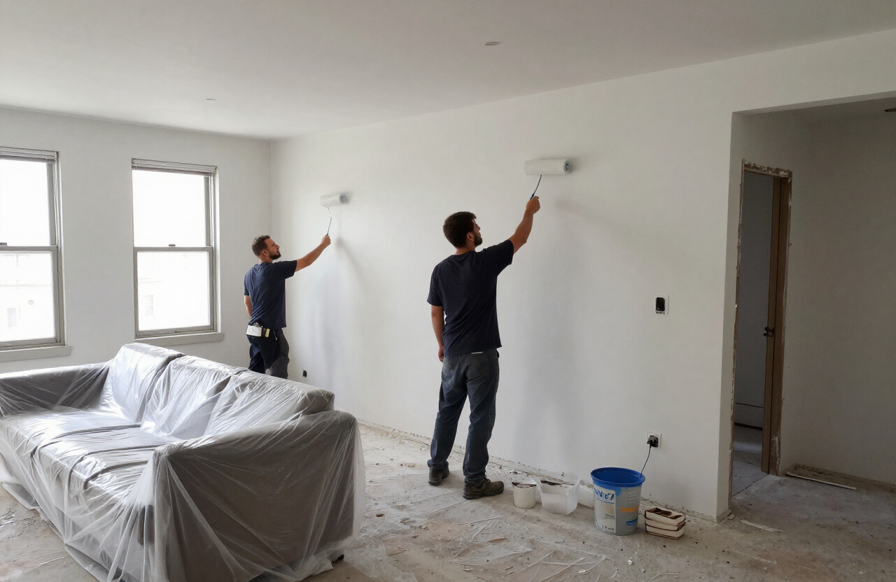 Interior painting crew working in an occupied Secaucus NJ apartment with furniture protected and minimal disruption