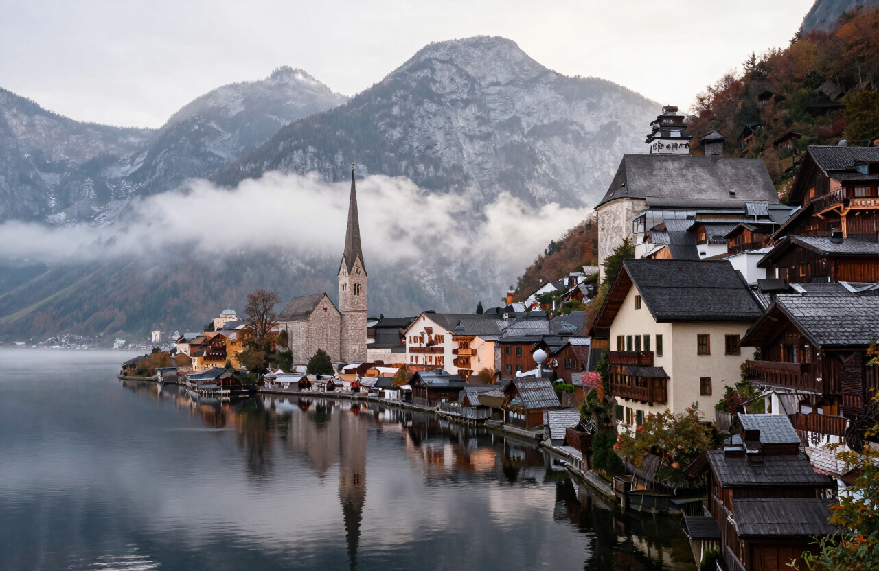 Hallstatt im Morgennebel, Kirche und Holzhäuser spiegeln sich im See