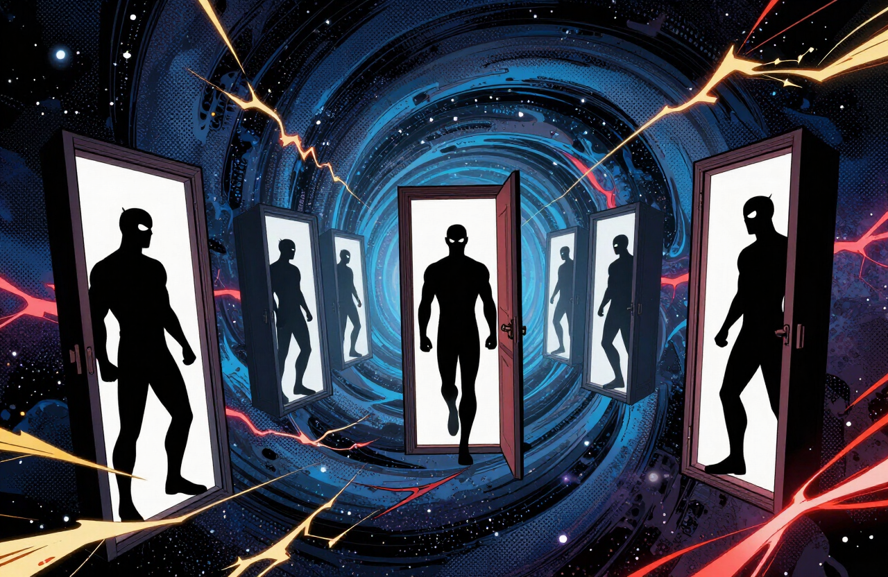 Illustration of a cosmic multiverse portal with several versions of a masked hero