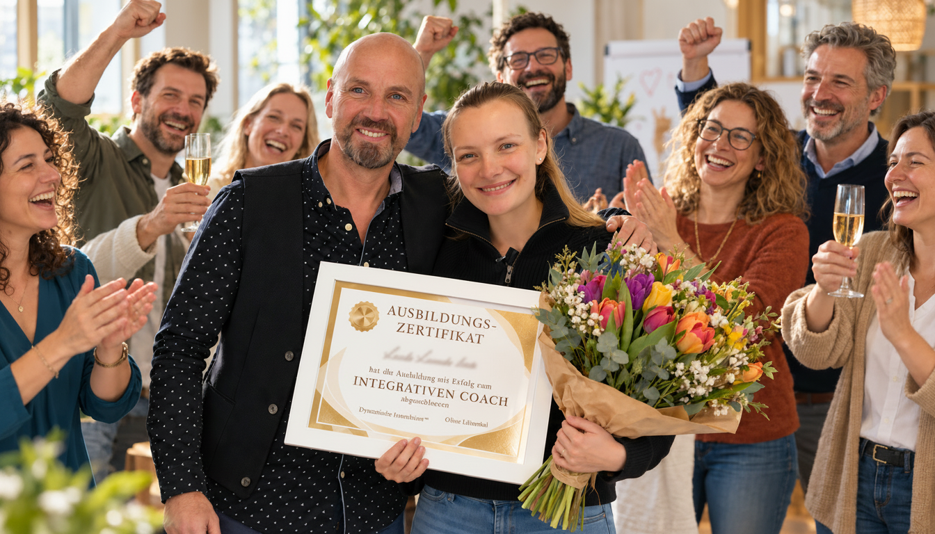 Ausbildungsteilnehmerin Lara Dägling mit ihrem Zertifikat zum Integrativen Coach