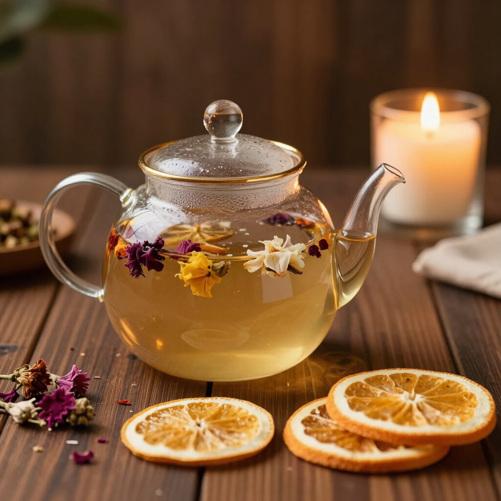 Herbal infusion in a glass teapot with gold rim and dried flowers