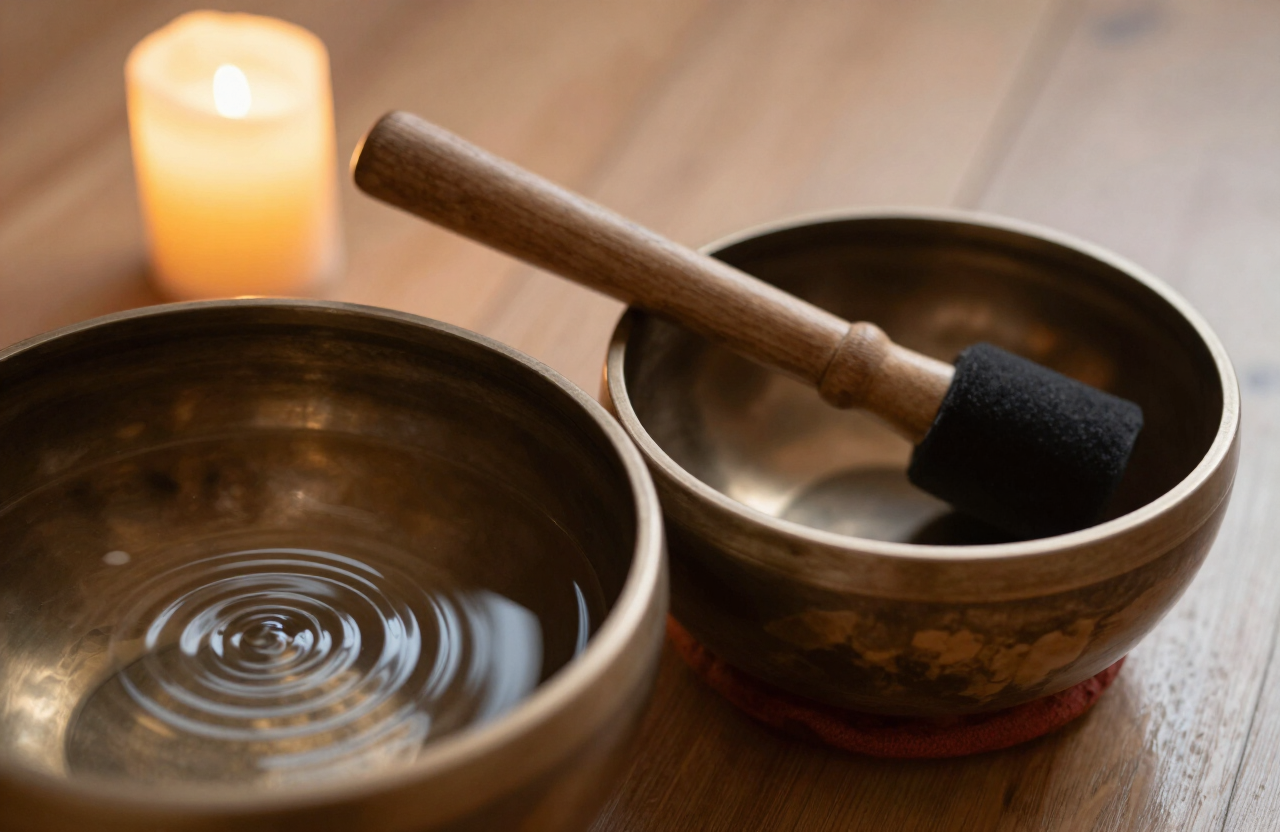 A mallet on the rim of a bronze bowl, standing rings on water in a vessel beside it.