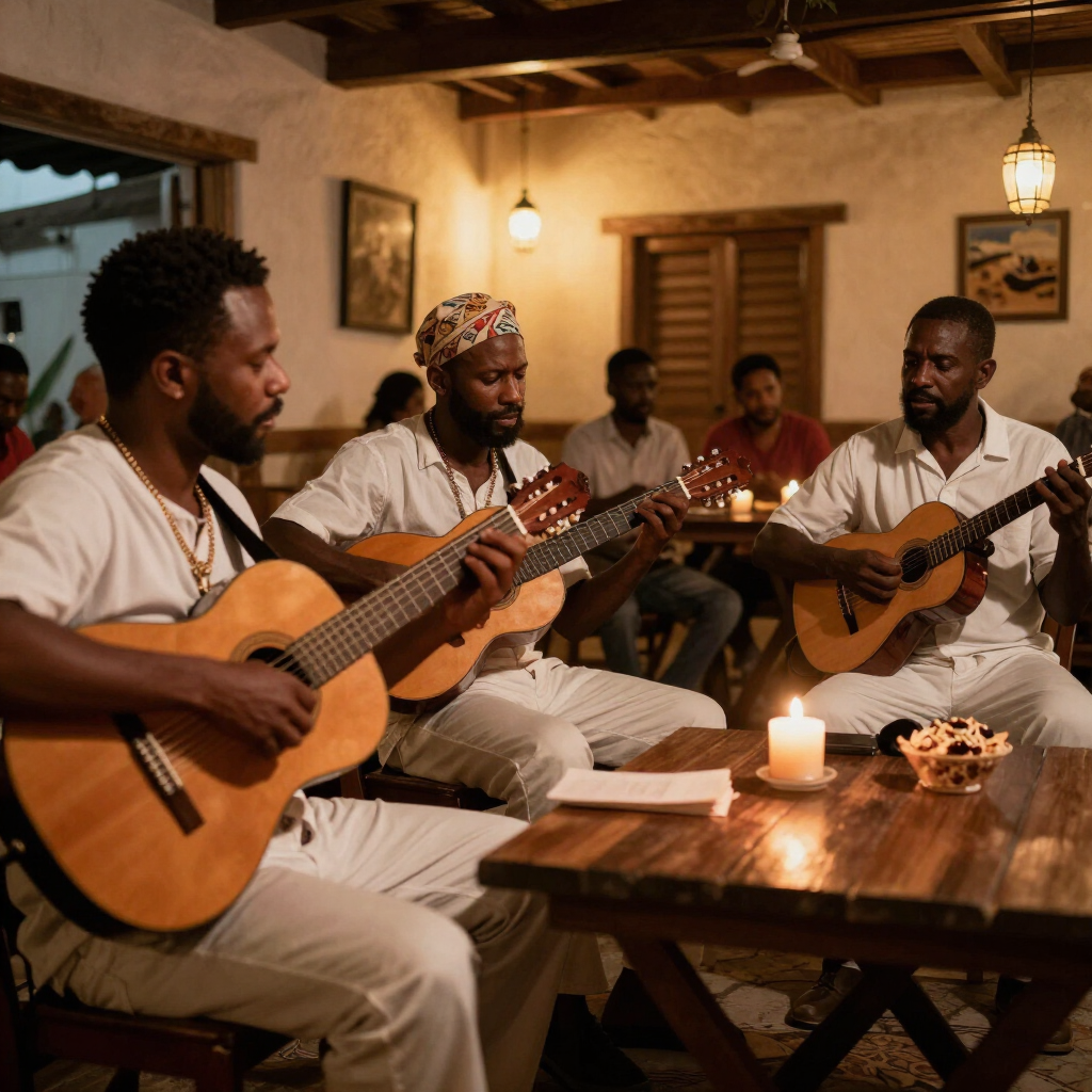 Musicians playing morna music in a Cabo Verde tavern