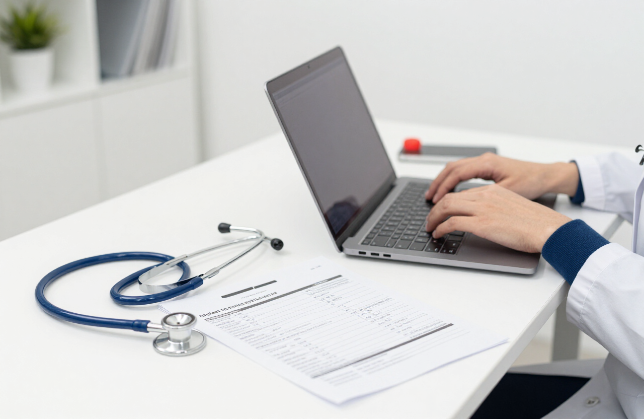 Clinical records being translated from Turkish to English in a bright London clinic office
