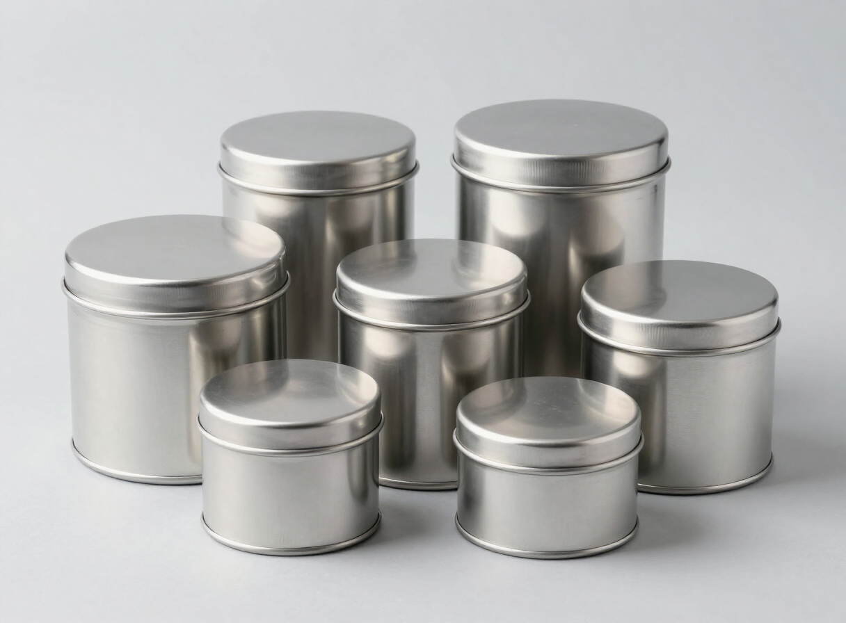 Plain silver round tinplate containers of various sizes with slip-on lids