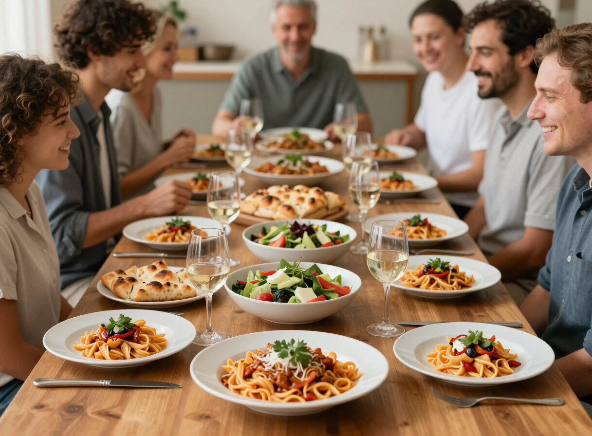 Langer Familientisch mit Pasta, Salaten, Focaccia und Wein für die Gäste