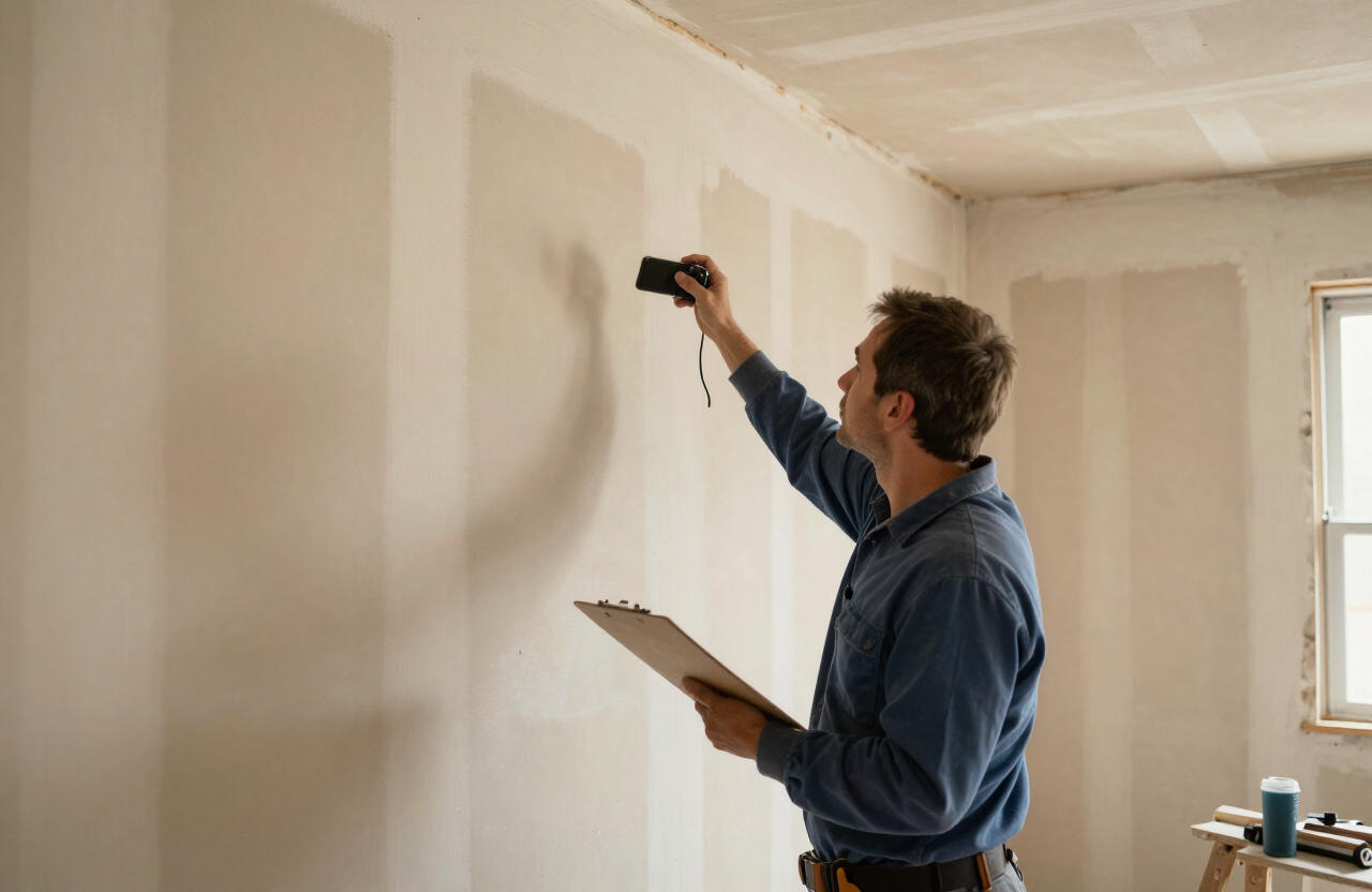 Project manager inspecting completed drywall work with a phone camera, comparing a before photo to the finished wall