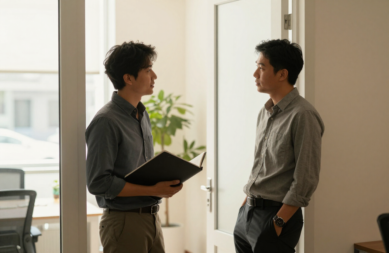 Two people talking informally near a bright office doorway