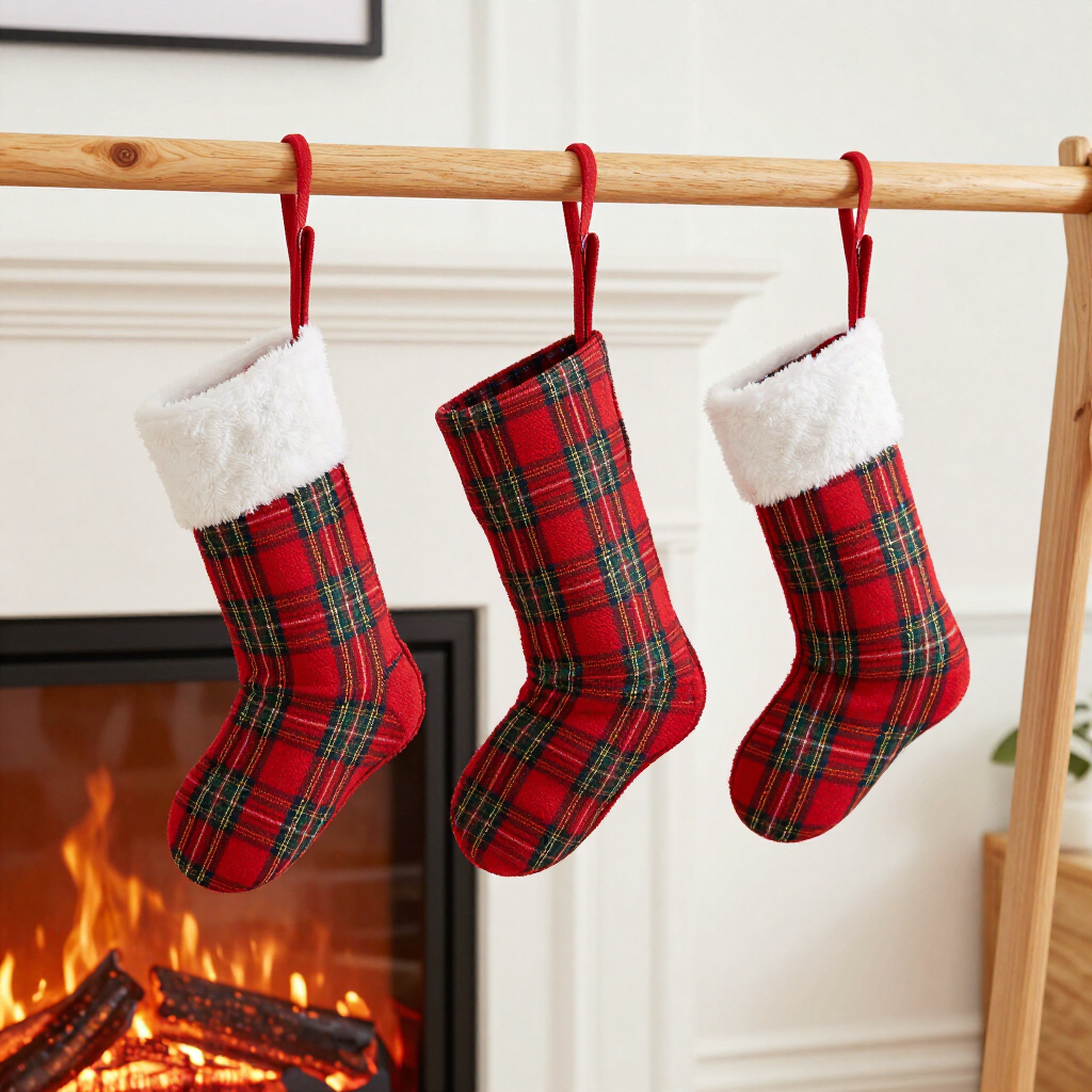 Red & Green Plaid Christmas Stockings, Set of 3