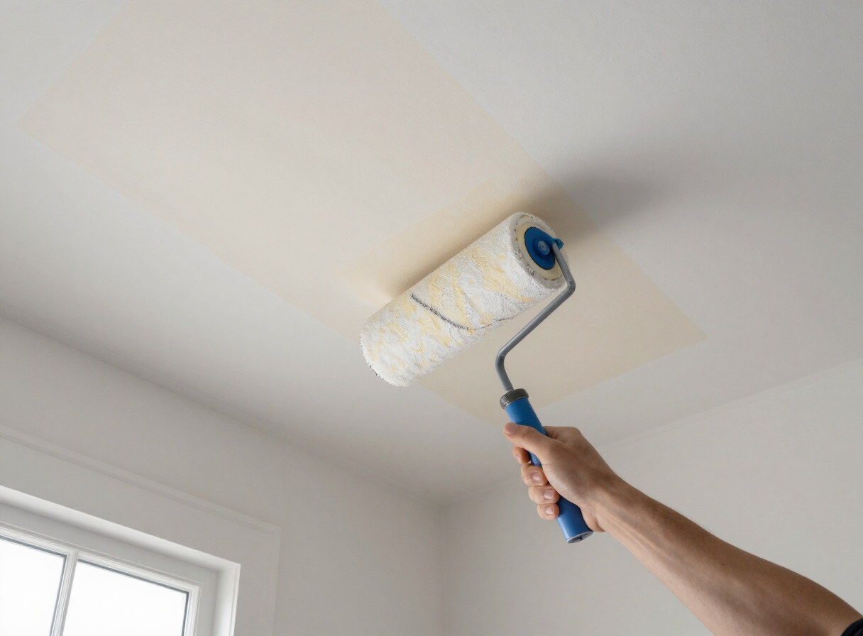 Applying stain-blocking primer over a water stain on a Hoboken NJ ceiling