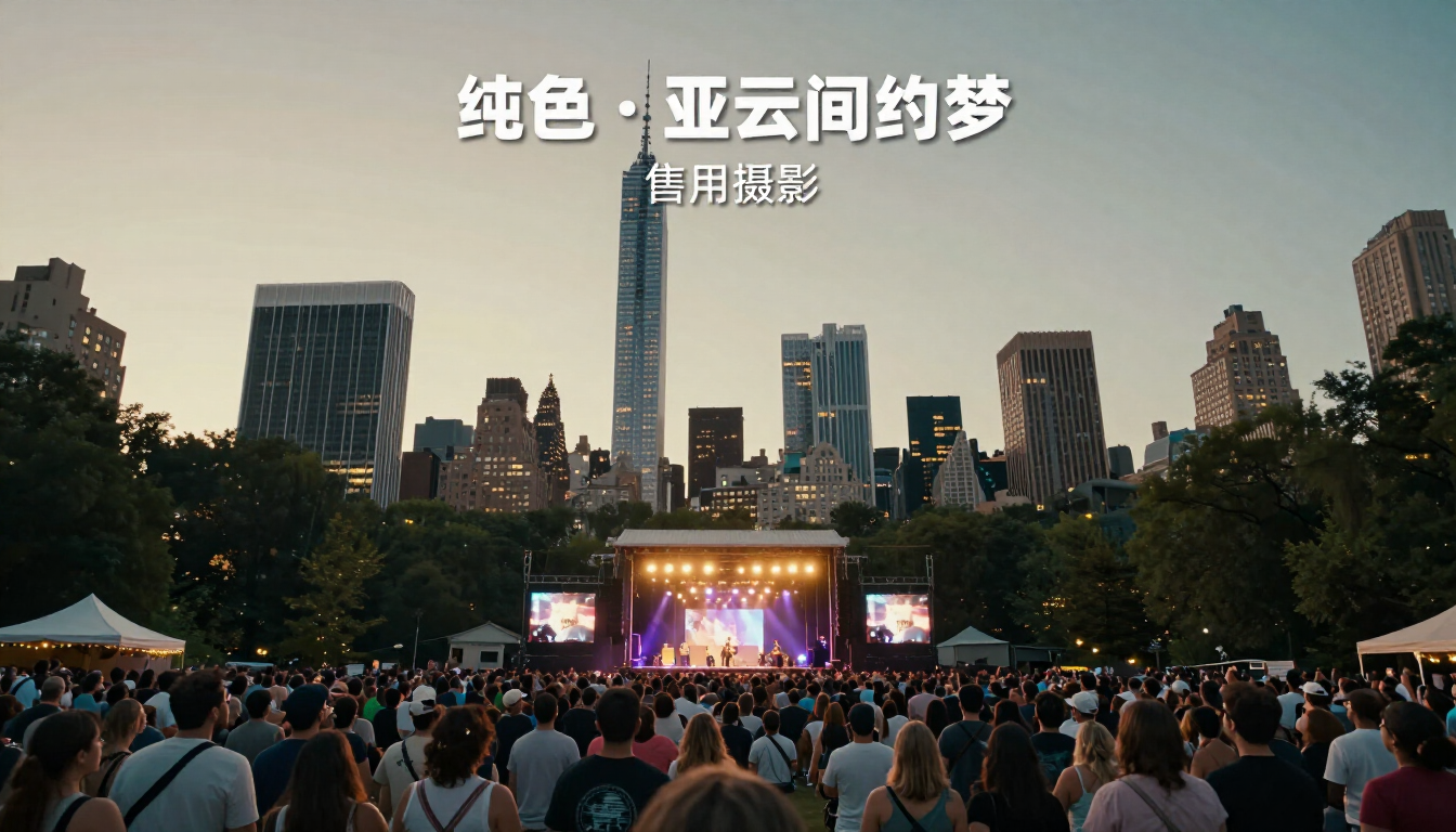 Crowd at an outdoor city music festival with skyscrapers in the background at sunset.