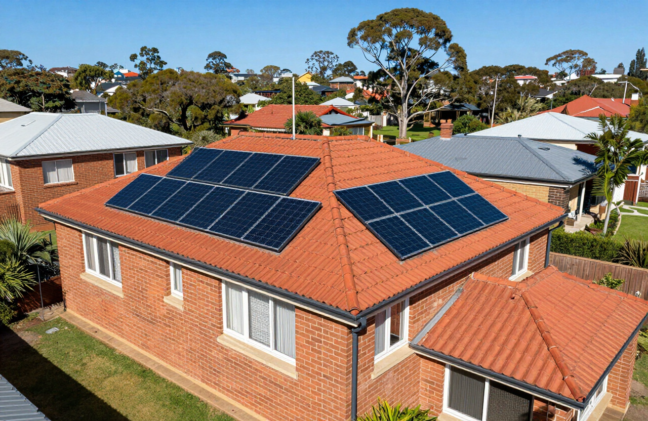 Aerial view of a Sydney home with a new rooftop solar array