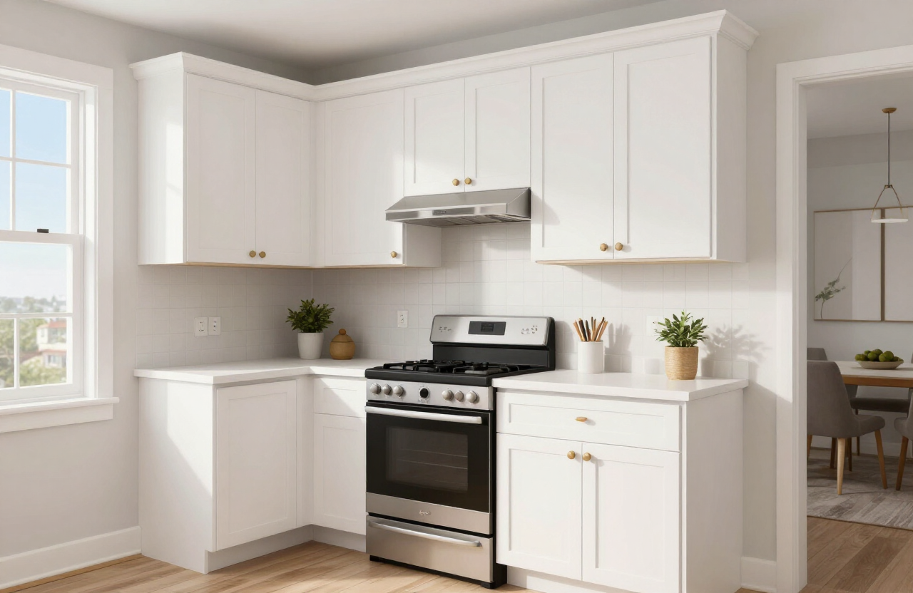 Illustrative freshly painted white shaker kitchen cabinets in a compact Hoboken apartment kitchen
