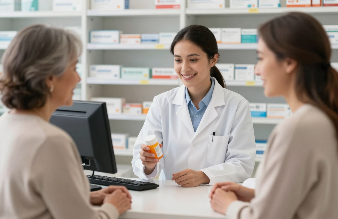 Pharmacist explaining a prescription to a customer