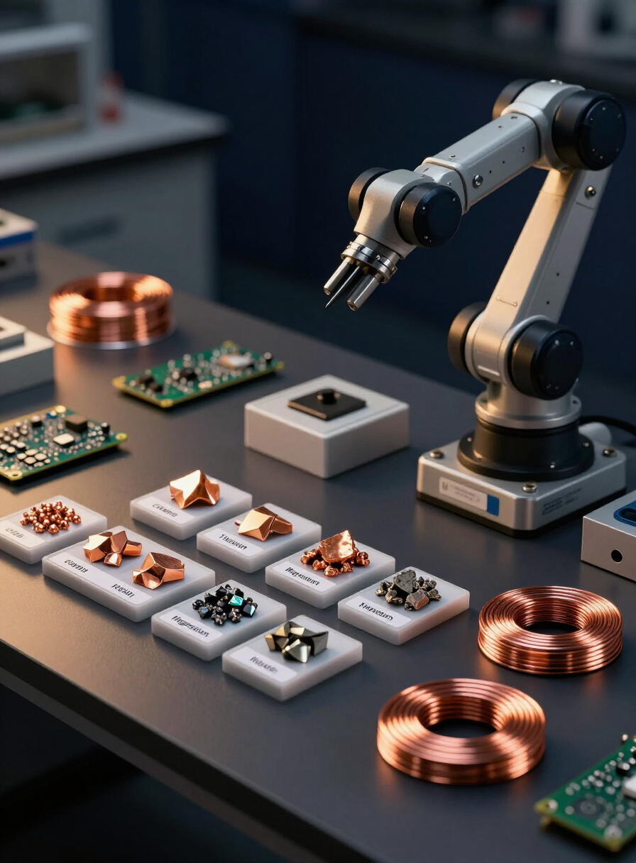 Lab bench of labeled critical mineral samples with copper coils, a circuit board, and a robotic arm