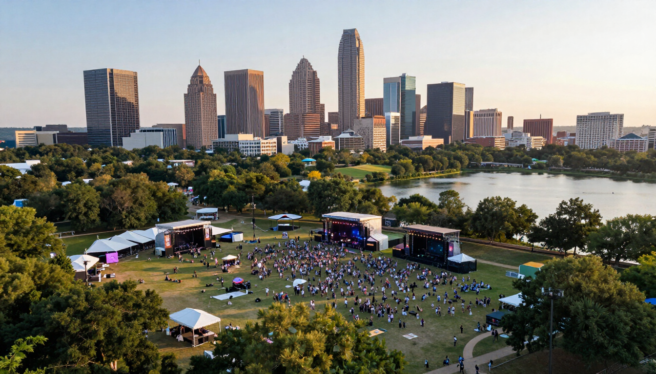 Aerial view of Zilker Park during an outdoor music festival with the Austin skyline and Lady Bird Lake in the background.